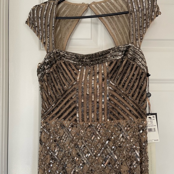 Adrianna Papell Silver Beaded Dress One Shoulder Adrianna Papell Beaded Gown  Blue Blouson Short Sleeve